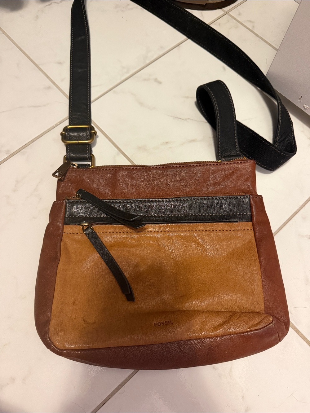 Fossil Two-Tone Brown Leather Crossbody Bag